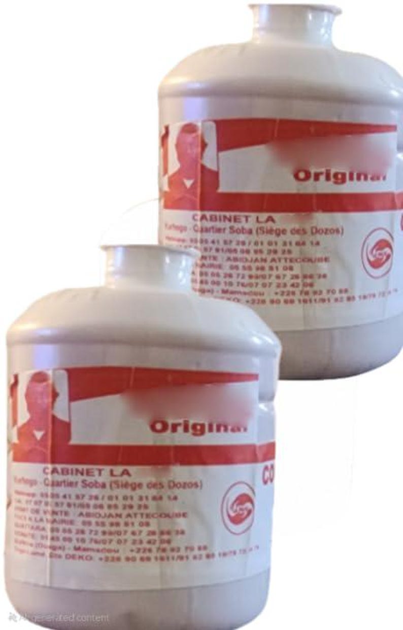 May include: Two white plastic bottles with red and white labels. The labels feature text and a logo. The word "Original" is visible on the label. The bottles appear to be for a product from "CABINET LA".