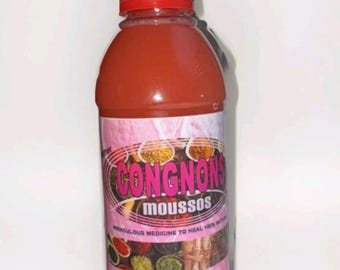 May include: A clear plastic bottle filled with a reddish-orange liquid, topped with a red cap. The bottle has a pink label with the text "CONGNONS moussos" and other text, with images of spices. The label also reads "miraculous medicine to heal 100% natural".