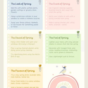 Op de afbeelding: Een pastelkleurige infographic getiteld "Spring at Home" met tips voor de lente. Bevat secties over de look, geur, geluid, gevoel en smaak van de lente. Een kleine vogelillustratie staat boven een regenboog.