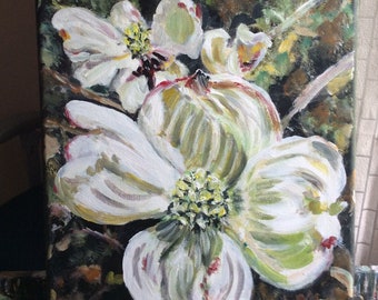 Dogwood Spring Bloom white green 11" x 14" original painting 11x14