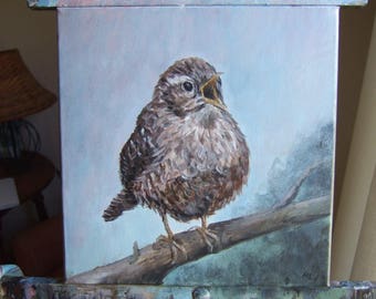 Wren Greets the Morn 10x10 original acrylic 10 x 10 painting