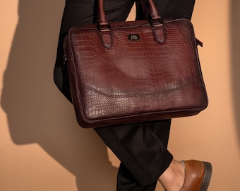 Handmade Croco Embossed Leather Briefcase: Patina Finish Laptop Bag