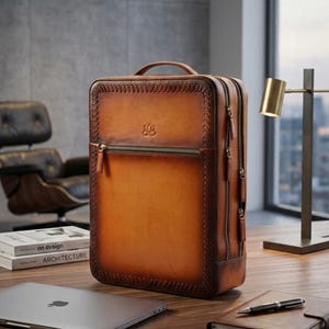 May include: A rectangular, tan and dark brown leather backpack featuring a vertical stitched border, a top handle, and a front zippered pocket with a small embossed lotus-like logo. The bag has multiple side zippers and a structured, upright design.