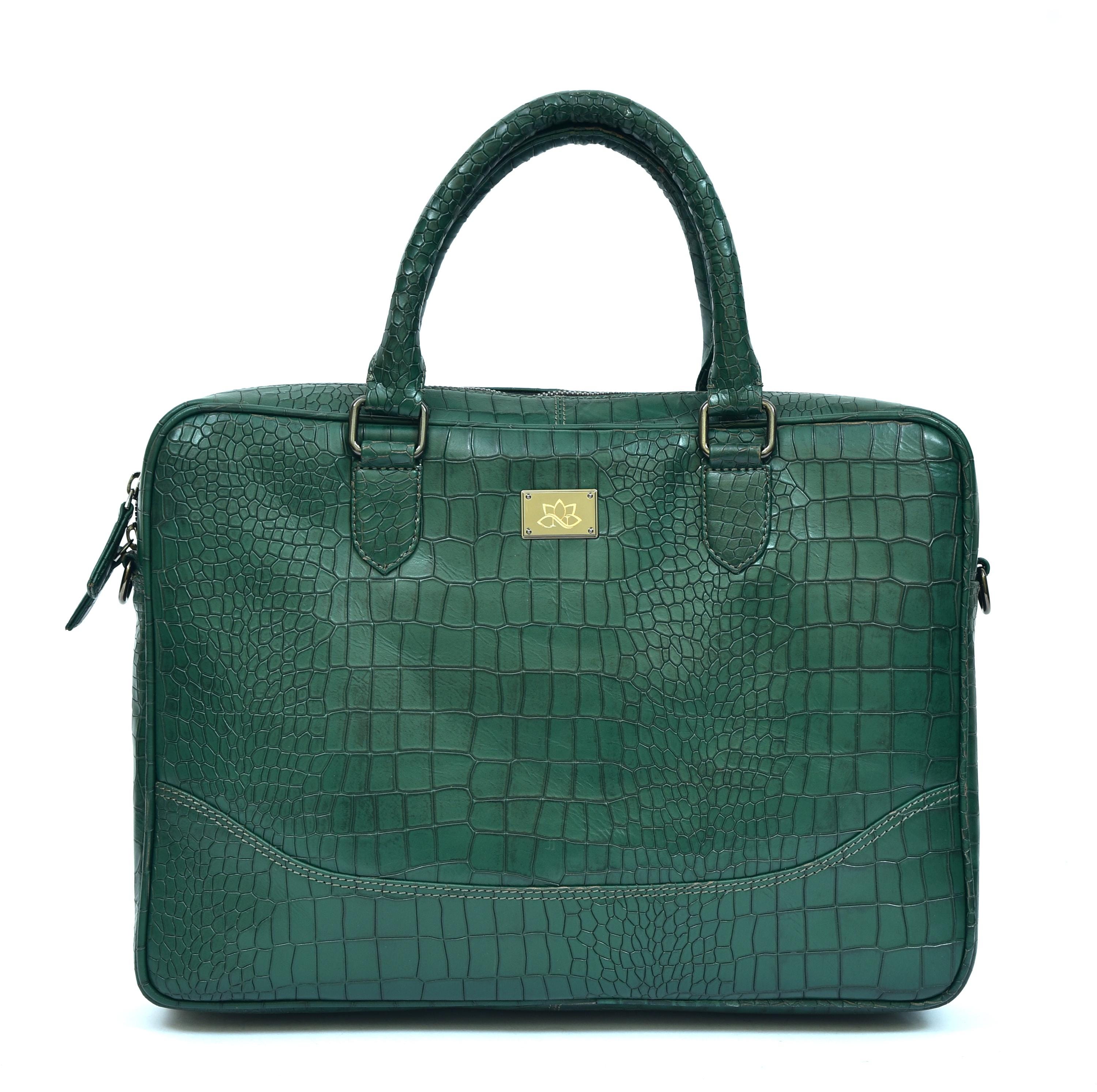 Handmade Croco Embossed Leather Briefcase - 13 Inch Laptop Messenger Bag - Green Leather Office Bag for Men