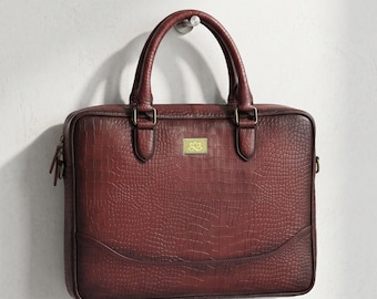 Handmade Croco Embossed Leather Laptop Briefcase – Women’s Office Bag, Elegant Work Tote, Premium Leather Handbag