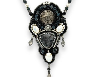 Norwegian Moonstone with opal colored glass crystals. White pearls, black onyx,silver button cab,silver findings,Necklace,Amy Johnson N1168b