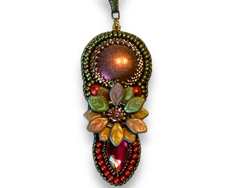 Rosey, a Bead Embroidered Necklace,pink,green, fuschia, red pearls,irridescent leaf flower. Chain,Amy Johnson Designs N1165