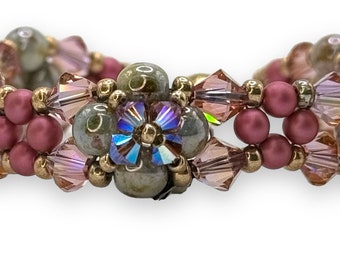 Bracelet beadweaving,sparkling crystals in pink, pearls in mulberry, czech beads in sage green,Amy Johnson Designs B2509