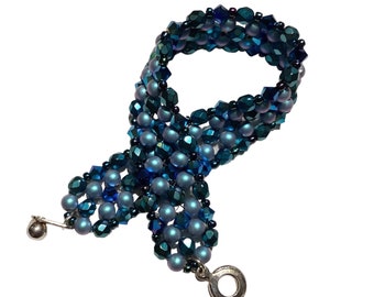 Bracelet beadweaving,irridescent blue pearls, Swarovski indigo crystals, firepolished crystals,Amy JohnsonB2396