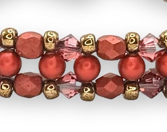 Bracelet beadweaving,Rouge Red pearls,dark pink crystals, firepolished crystals,Amy JohnsonB2547