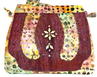 Purple Cork and Batik Embroidered purse,cross body bag,purple cork and sage batik fabric purse,embroidered purse,Amy Johnson P4005