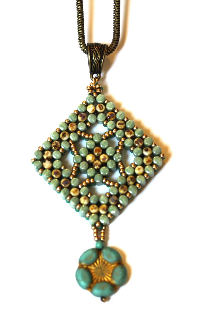 Gift Amy Johnson Designs N1074 turquoise and ecru,Flower Drop Necklacee Jewelry Necklace Beadwoven Pendant of Rulla Beads