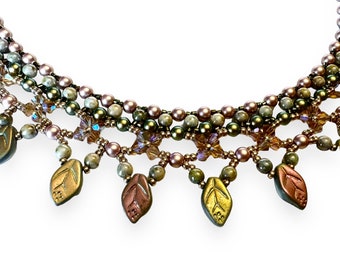 Mercedes necklace,pink and green, irridescent leaves,pearls,czech glass,bicone crystals,Amy Johnson Designs,N1164