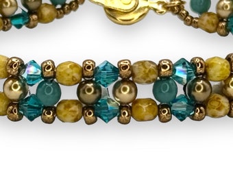 Bracelet beadweaving,turquoise pearls and crystals, tan picasso  firepolished crystals,gold pearls Amy Johnson Designs B2546