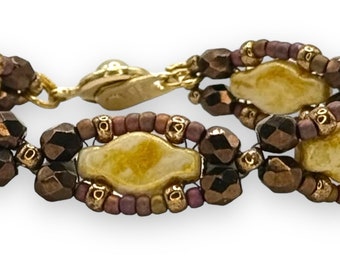 Bracelet beadweaving,navette beads ecru, brown firepolished crystals,Amy Johnson Designs B2387