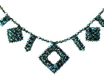 Crystal geometric necklace in Emerald AB 2X crystals, fire polished crystals turquoise seed beads,Amy Johnson Designs, N1154b