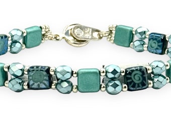 Tile bracelet of light teal beads, metallic pattern tiles, and metallic teal fire polished crystals,Amy Johnson Designs B2629