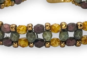 Bracelet beadweaving,green,purple, tan matte firepolished crystals,Amy Johnson Designs B2640