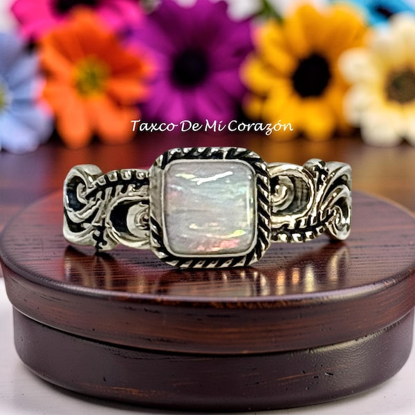 Taxco Mexico 925 Silver Fire White Opal Inlay Ring: Handmade Geometric Design Band Size 7, Statement Ring, Elegant Ring, Opal Jewelry