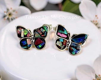 Delicate Butterfly Stud Earrings: 925 Silver Mosaic Fire Opal Inlay Taxco Jewelry