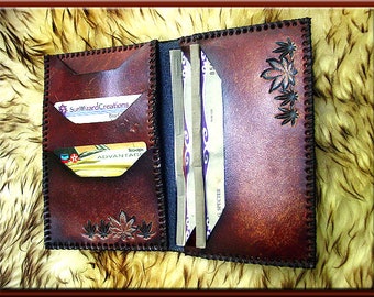 MARIJUANA LEAF Design #1 COMBO Wallet • A Beautifully Hand Tooled, Hand Crafted, Hand Stitched Combination Leather Wallet