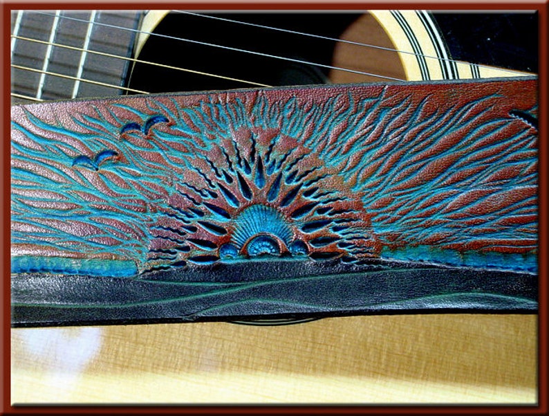 TURQUOISE SUNRISE Design A Beautifully Hand Tooled , Hand Crafted Leather Guitar Strap image 6