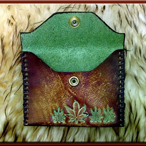 MARIJUANA LEAF Design 1 Closable Credit and Business Card Case A Beautifully Hand Tooled, Hand Crafted, Hand Stitched Leather Card Case image 5