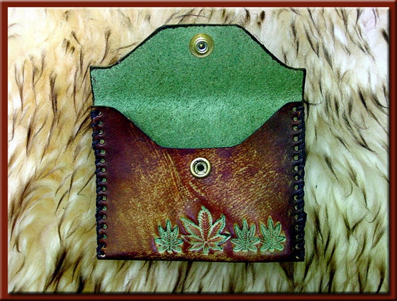 MARIJUANA LEAF Design 1 Closable Credit and Business Card Case A Beautifully Hand Tooled, Hand Crafted, Hand Stitched Leather Card Case image 5