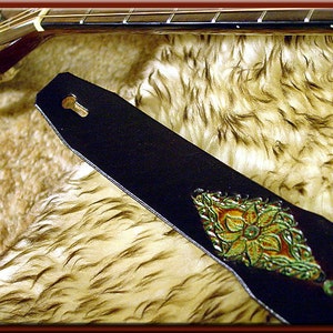 GREEN LEAVES MANDALA Guitar Strap A Simple and Beautifully Hand Dyed, Hand Crafted Leather Guitar Strap image 5
