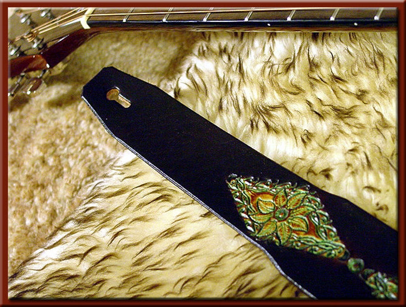 GREEN LEAVES MANDALA Guitar Strap A Simple and Beautifully Hand Dyed, Hand Crafted Leather Guitar Strap image 5