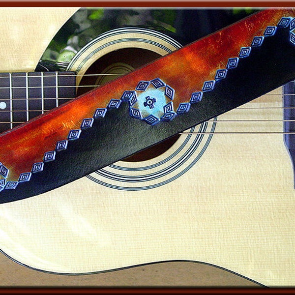 SOUTHWESTERN WAVE Design • A Beautifully Hand Tooled, Hand Crafted Leather Guitar Strap