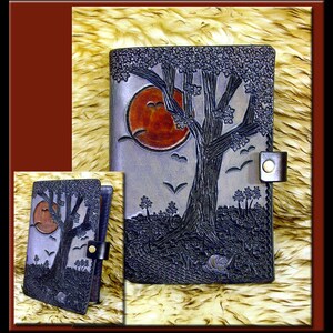 MOON & OAK TREE Design • A Beautifully Hand Tooled, Medium Sized Leather Journal. Great as a diary, for recipes, addresses, gardening notes