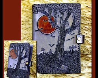 MOON & OAK TREE Design • A Beautifully Hand Tooled, Medium Sized Leather Journal. Great as a diary, for recipes, addresses, gardening notes