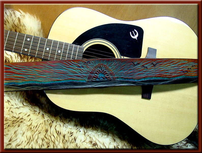 TURQUOISE SUNRISE Design A Beautifully Hand Tooled , Hand Crafted Leather Guitar Strap image 3