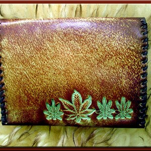 MARIJUANA LEAF Design 1 Closable Credit and Business Card Case A Beautifully Hand Tooled, Hand Crafted, Hand Stitched Leather Card Case image 3