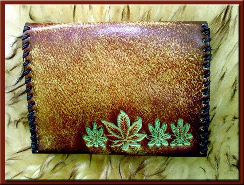 MARIJUANA LEAF Design 1 Closable Credit and Business Card Case A Beautifully Hand Tooled, Hand Crafted, Hand Stitched Leather Card Case image 3