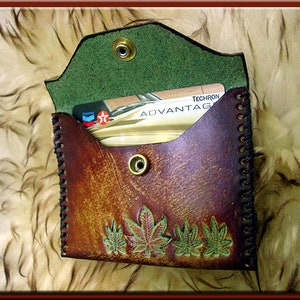 MARIJUANA LEAF Design 1 Closable Credit and Business Card Case A Beautifully Hand Tooled, Hand Crafted, Hand Stitched Leather Card Case image 2