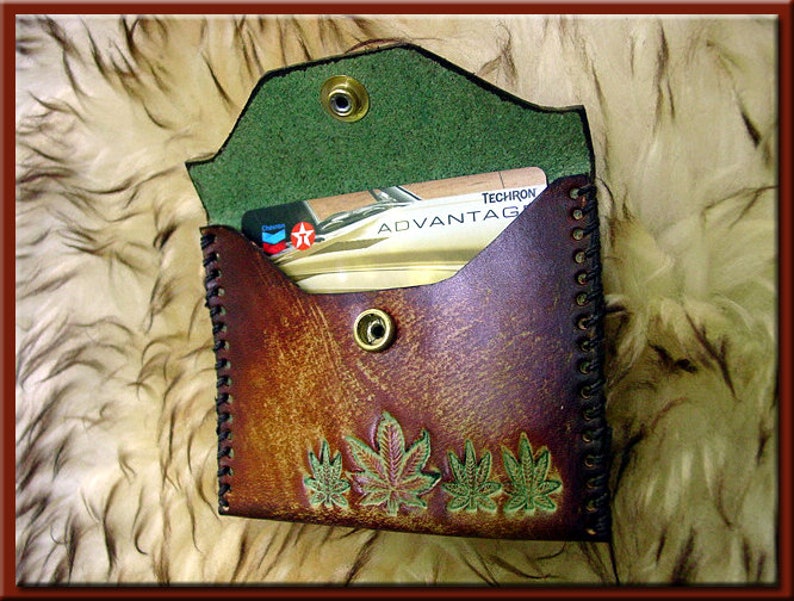 MARIJUANA LEAF Design 1 Closable Credit and Business Card Case A Beautifully Hand Tooled, Hand Crafted, Hand Stitched Leather Card Case image 2