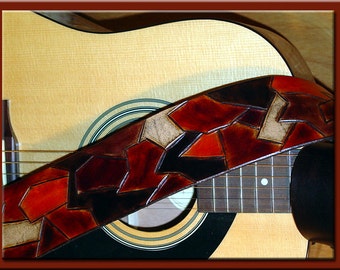 PATCHWORK Design - A Beautifully Hand Tooled,  Hand Crafted Leather Guitar Strap