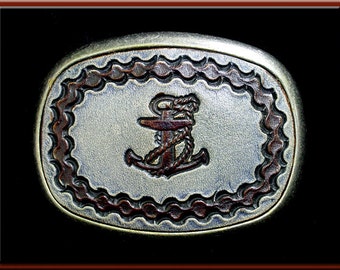 SHIP'S ANCHOR Design, Handcrafted, Hand Tooled Leather Belt Buckle • Fits up to 1 3/4" Wide Belt,  2 1/2" High X 3 1/4" Long •