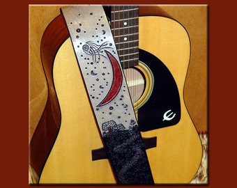 MIDNIGHT CRESCENT MOON Design • A Beautifully Hand Tooled,  Hand Crafted Leather Guitar Strap