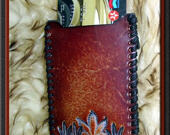 MARIJUANA LEAF Design #1 Credit Card and Business Card Case • A Beautifully Hand Tooled, Hand Crafted, Hand Stitched Leather Card Case