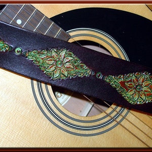 GREEN LEAVES MANDALA Guitar Strap A Simple and Beautifully Hand Dyed, Hand Crafted Leather Guitar Strap image 1