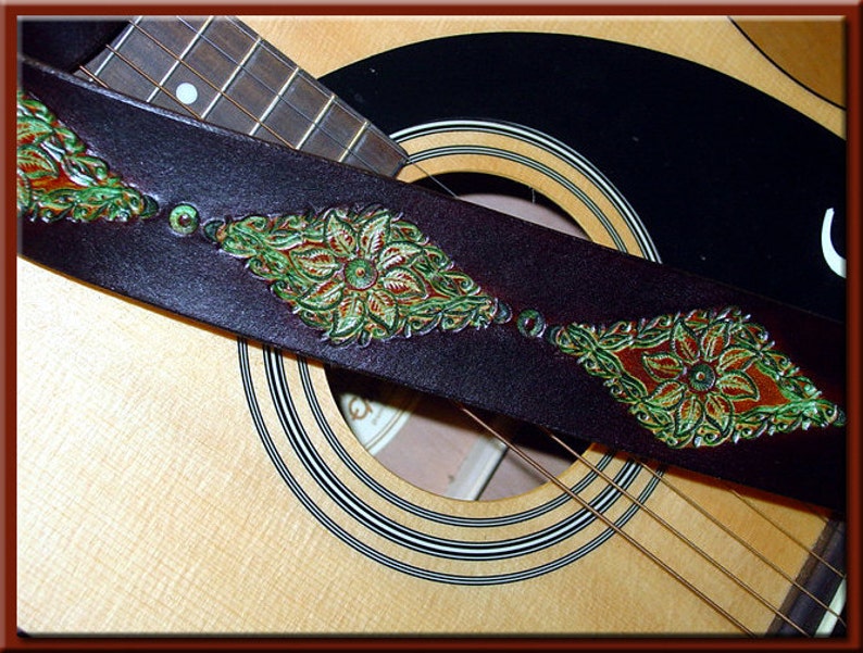 GREEN LEAVES MANDALA Guitar Strap A Simple and Beautifully Hand Dyed, Hand Crafted Leather Guitar Strap image 1