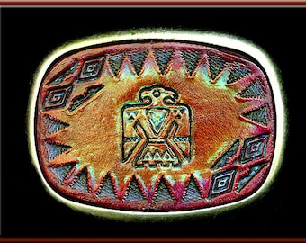THUNDERBIRD #1 Southwestern Style Handcrafted, Hand Tooled Leather Belt Buckle • Fits up to 1 3/4" Wide Belt.  2 1/2" High X 3 1/4" Long.
