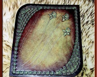Leather GREEN LEAVES & ROSES Design, A Beautifully Designed, Hand Tooled, Hand Crafted Leather Mouse Pad for the Discriminating Computerite!