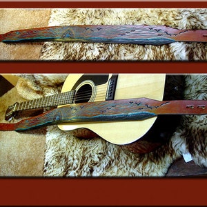 TURQUOISE SUNRISE Design A Beautifully Hand Tooled , Hand Crafted Leather Guitar Strap image 4