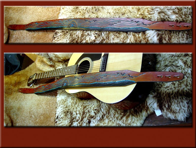 TURQUOISE SUNRISE Design A Beautifully Hand Tooled , Hand Crafted Leather Guitar Strap image 4