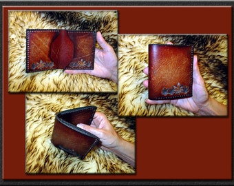 MARIJUANA LEAF Design #1 BIFOLD Wallet • A Beautifully Hand Tooled, Hand Crafted, Hand Stitched Bifold Leather Wallet