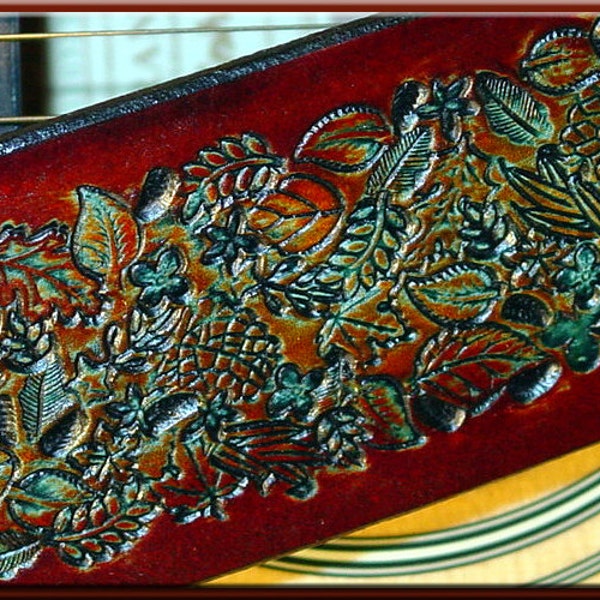 FOREST LEAVES Version 2 Design • A Beautifully Hand Tooled, Hand Crafted Leather Guitar Strap